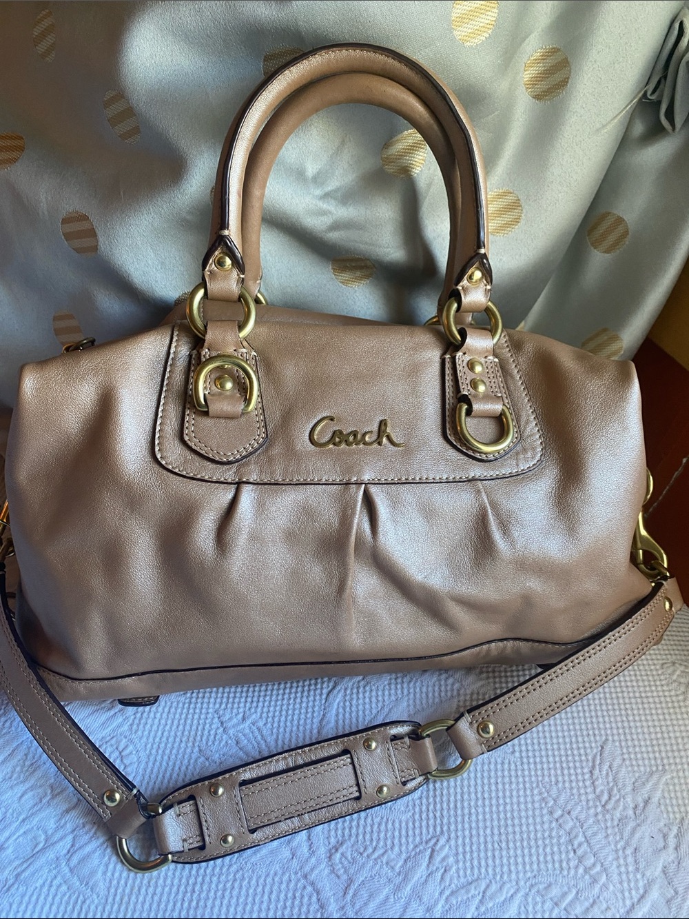 Coach Taupe Leather Satchel with Gold-Tone Hardware